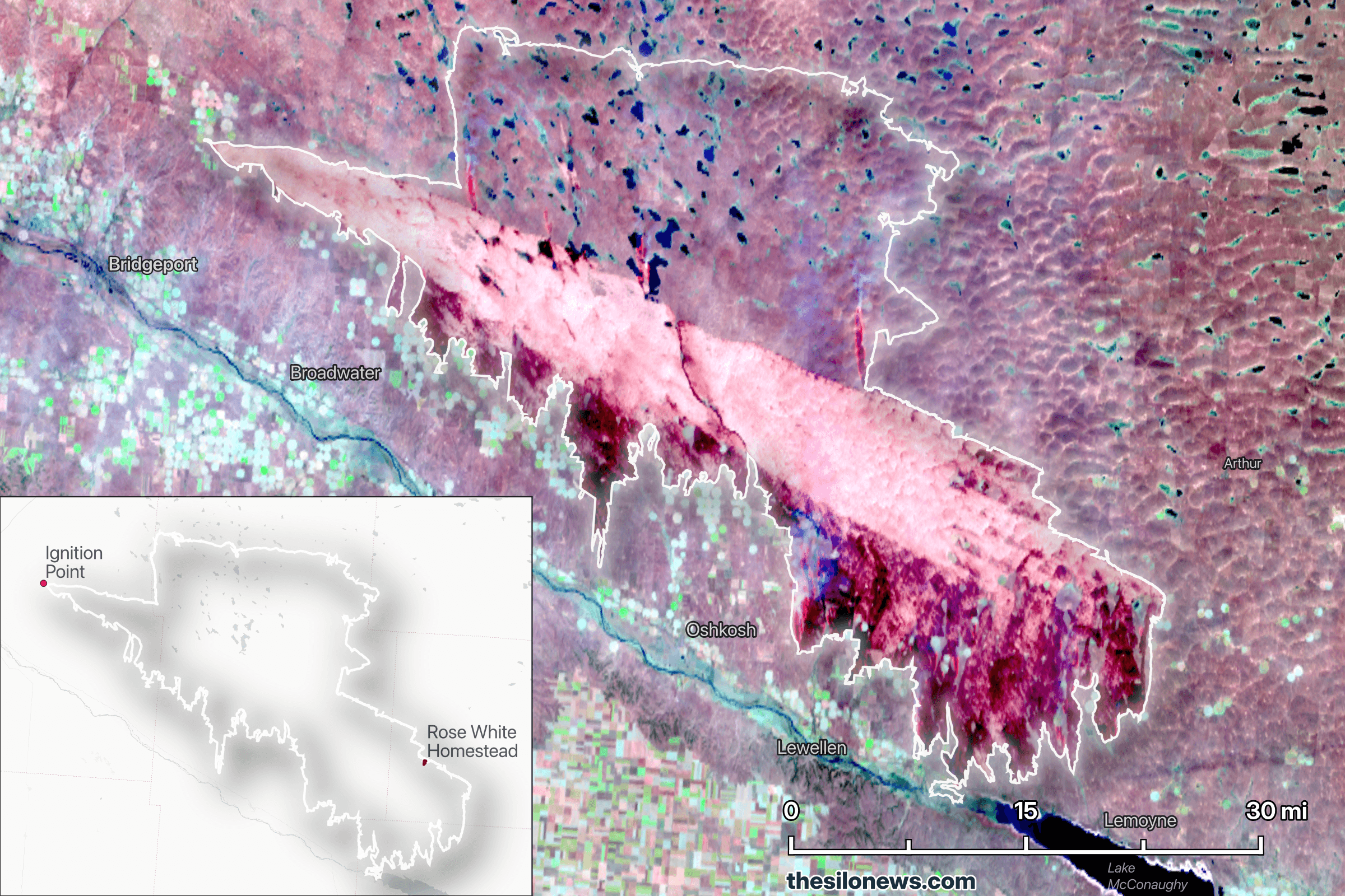 Sentinel-2 SWIR satellite image showing the Morrill Fire burn scar from space, March 13 2026