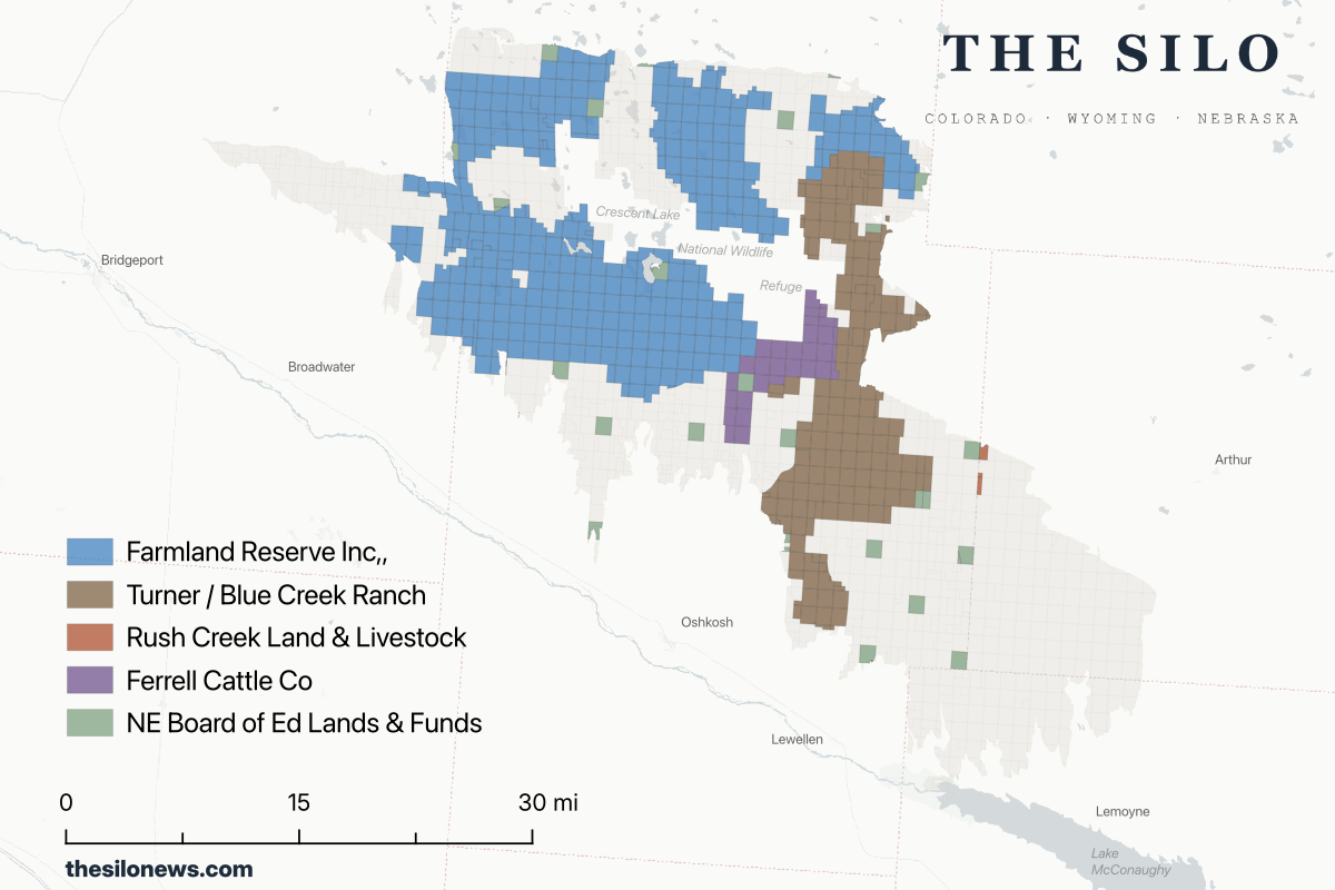 County parcel records show 256 landowners held title to land inside the fire perimeter. The largest holdings belong to operations based in Utah, Montana, Colorado, and Minnesota. The gray area shows the full fire perimeter; white parcels belong to Nebraska-based owners or entities not shown individually.