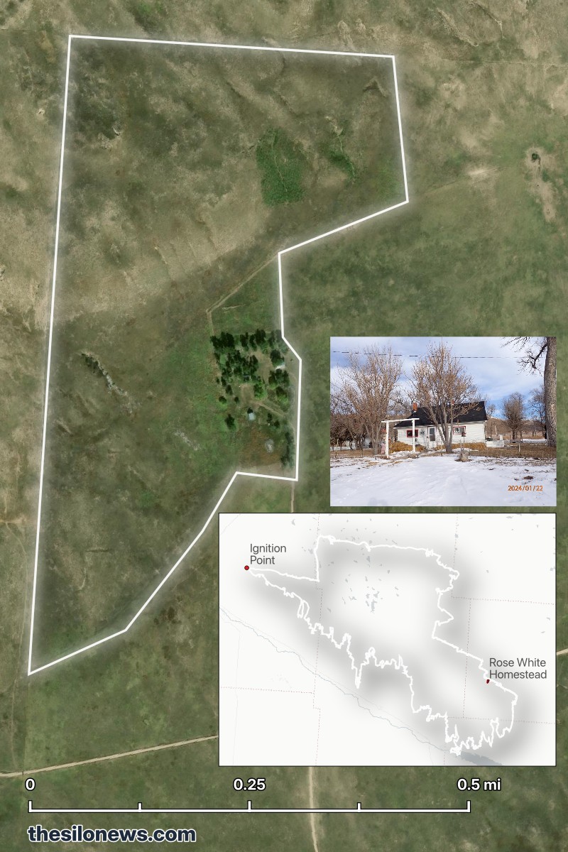 Rose White's homestead — 107 acres in Arthur County that her family had farmed since the 1930s. The property, shown here in January 2026, was consumed by the fire on March 12. Her son Roger told 1011 Now: "There's nothing left out there whatsoever."